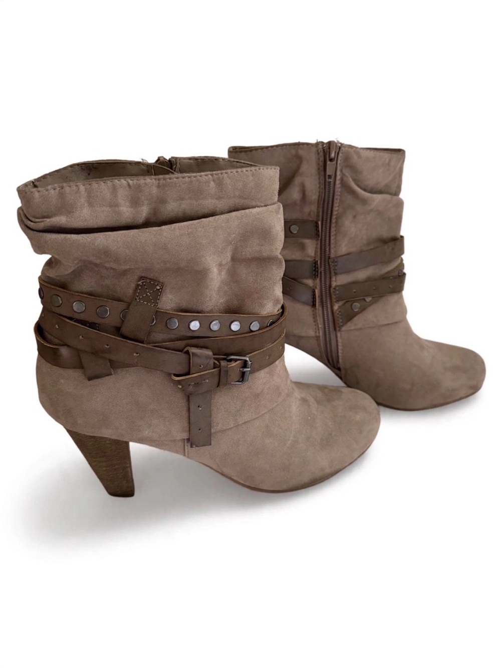 Madden Girl Taupe Slouch Ankle Boots with Studded Buckle Straps